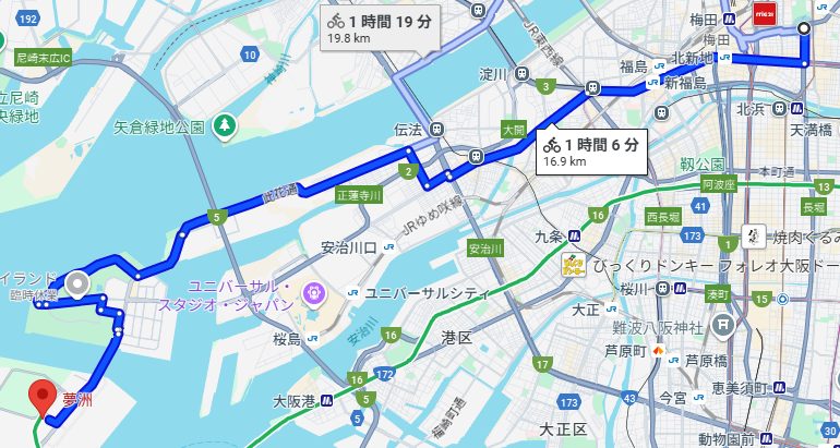 出発地から到着地までのGoogleマップルート