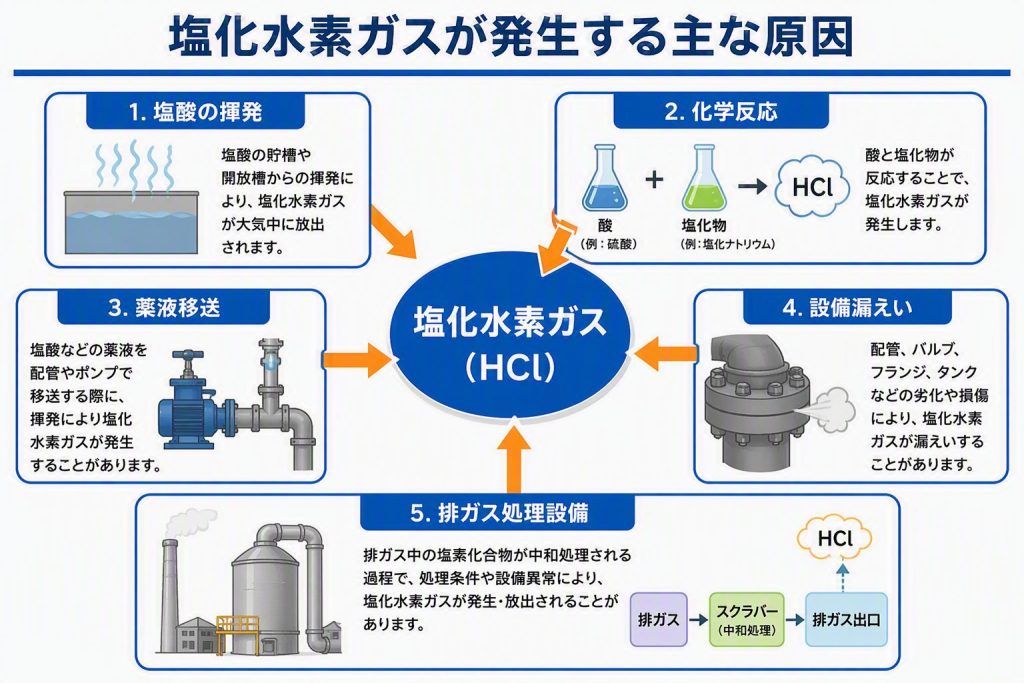 塩化水素ガス(HCl)の発生原因を解説した図解。塩酸の揮発、設備漏えい、薬液移送、化学反応、排ガス処理設備における発生リスクを示した安全教育向けインフォグラフィック。