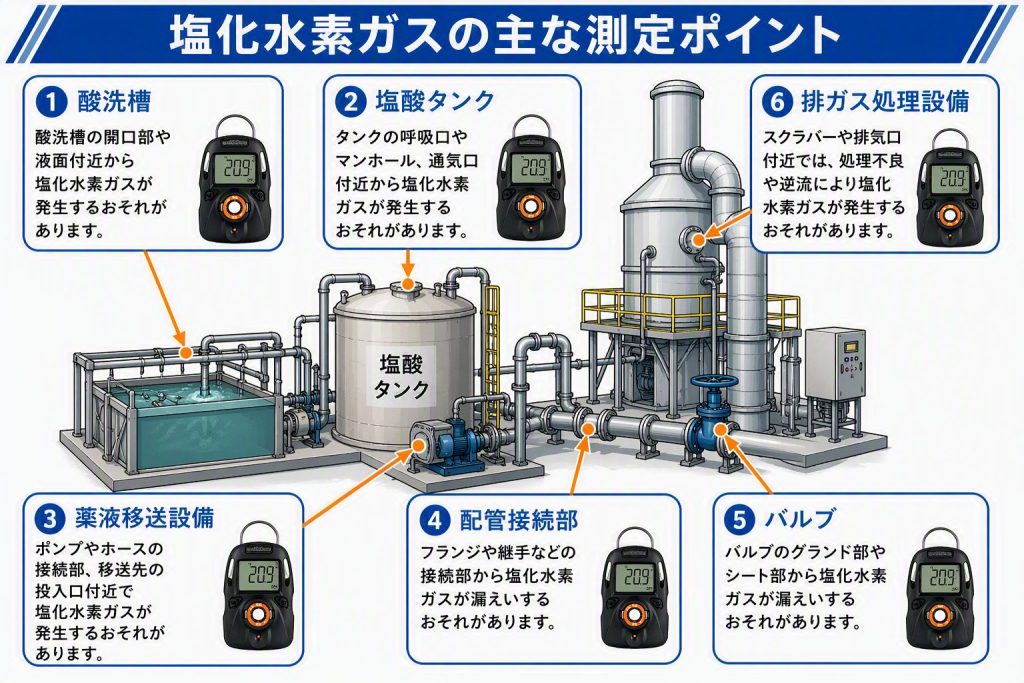 塩化水素ガスの測定ポイントを示した図。酸洗槽、塩酸タンク、配管接続部、バルブ、排ガス処理設備などを解説。