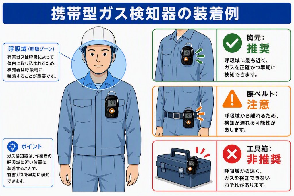 携帯型塩化水素ガス検知器を呼吸域に装着する例を示した図