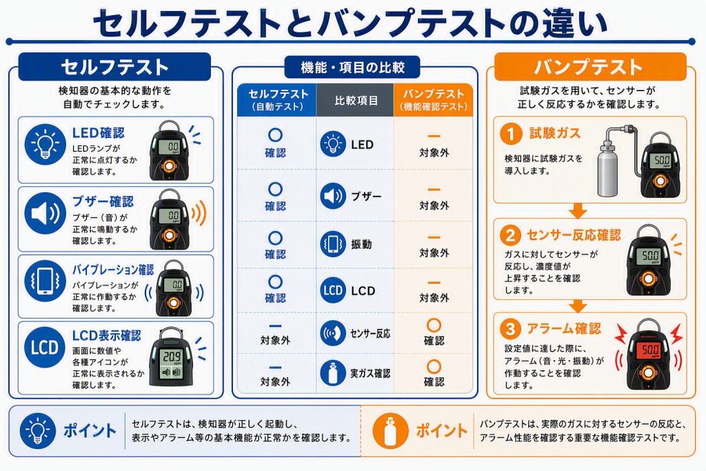 セルフテストとバンプテストの違いを比較した図。セルフテストは本体機能確認、バンプテストはセンサー反応確認を行う。