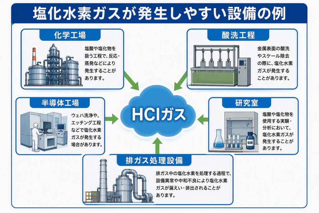 塩化水素ガスが発生しやすい設備を一覧で示した図。化学工場、酸洗工程、半導体工場、研究室、排ガス処理設備を紹介。