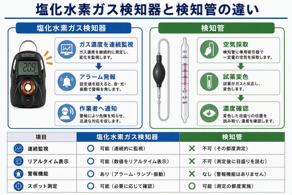 塩化水素ガス検知器と検知管の違いを比較した図。連続監視とスポット測定の特徴を解説。
